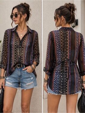 Free People Sheer Boho Blouse Medium Flowy Tunic Button Down Floral Oversized